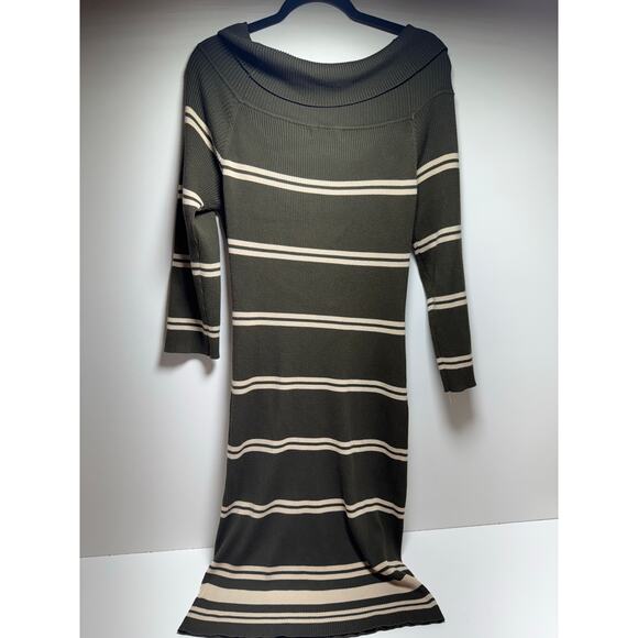 Pink Rose Sz 3X Striped Midi Ribbed Sweater Dress Stretch Green White Cowl Neck - Picture 1 of 9